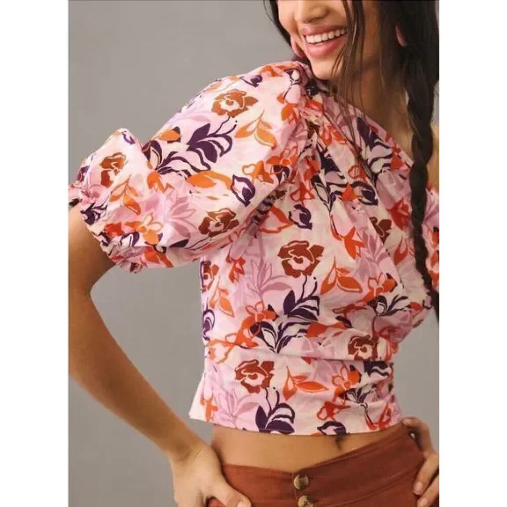 Anthropologie Maeve Puff Sleeve One Shoulder Blouse Floral Pink Med